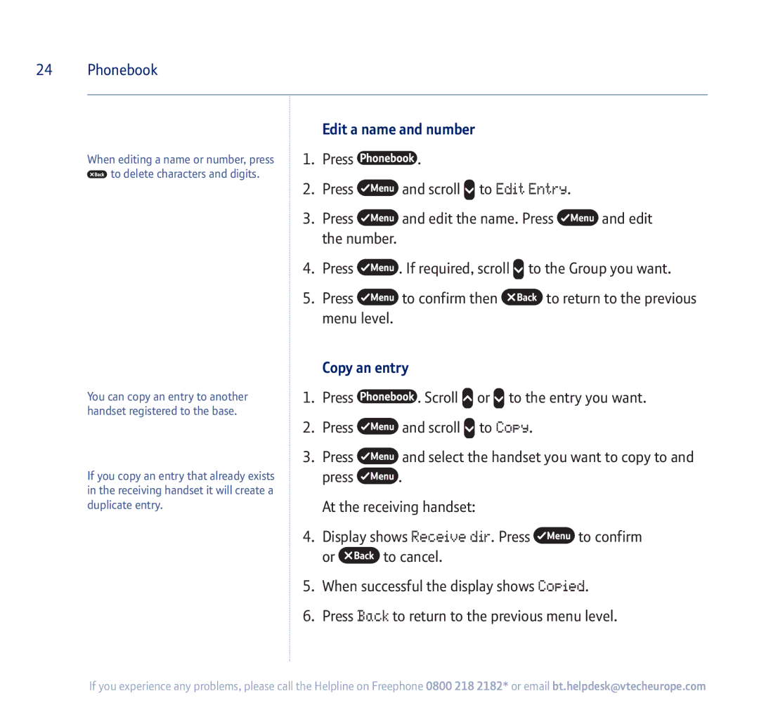 BT 710 manual Edit a name and number, Copy an entry 