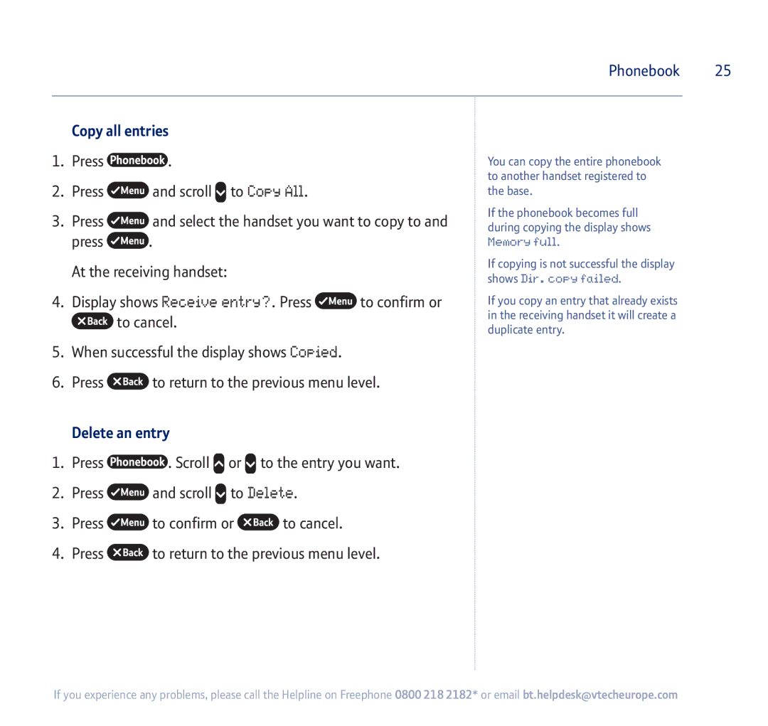 BT 710 manual Copy all entries, Delete an entry 