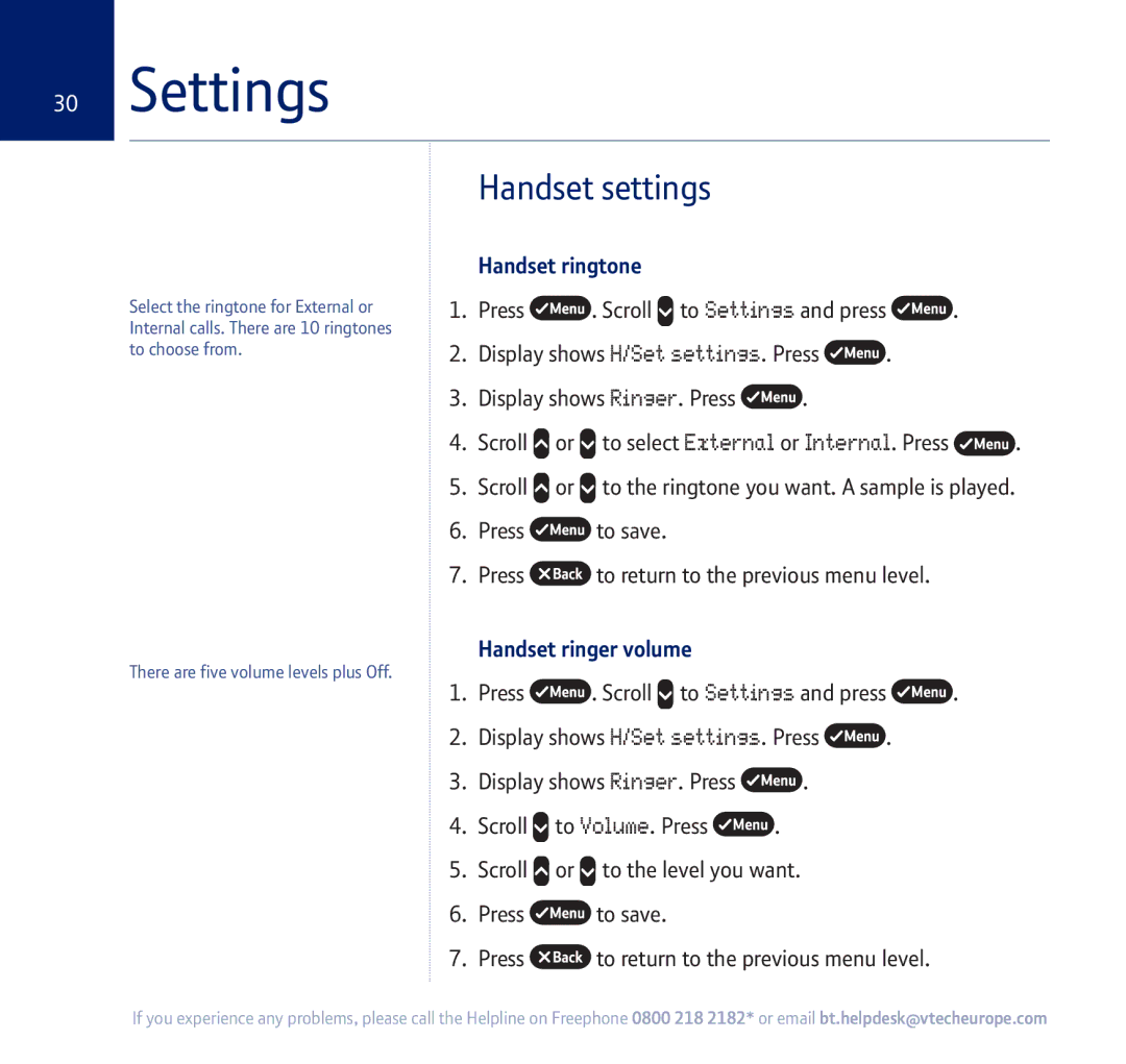 BT 710 manual Settings, Handset settings, Handset ringtone, Handset ringer volume 