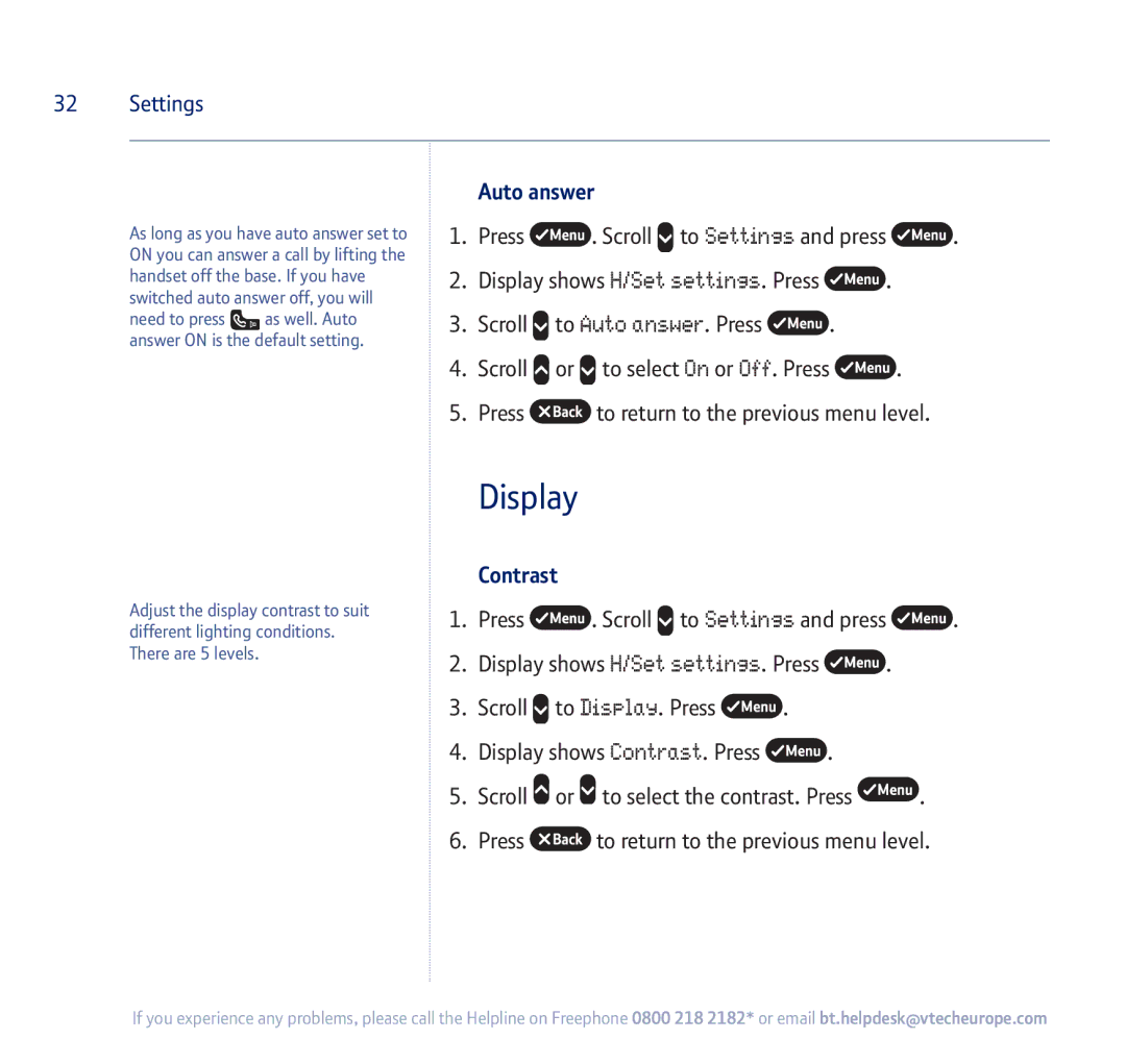 BT 710 manual Display, Auto answer, Contrast 