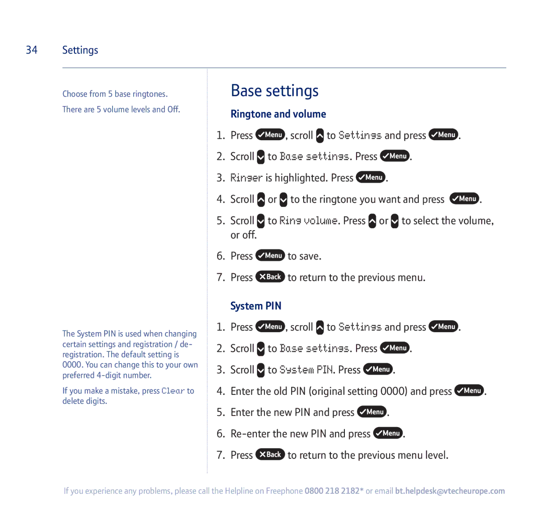 BT 710 manual Base settings, Ringtone and volume, System PIN 