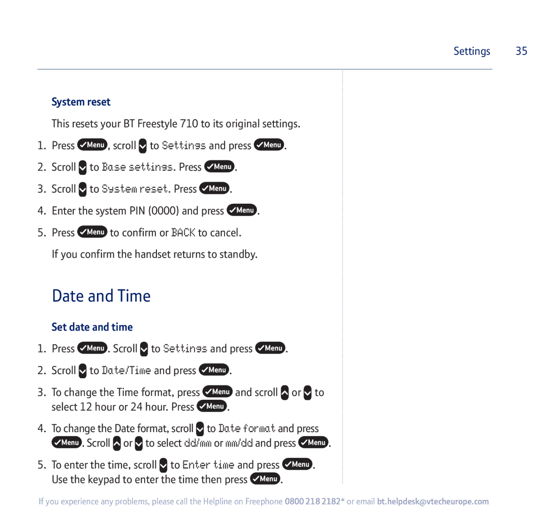 BT 710 manual Date and Time, System reset, Set date and time 