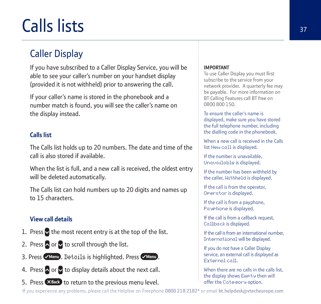 BT 710 manual Calls lists, Caller Display, View call details 