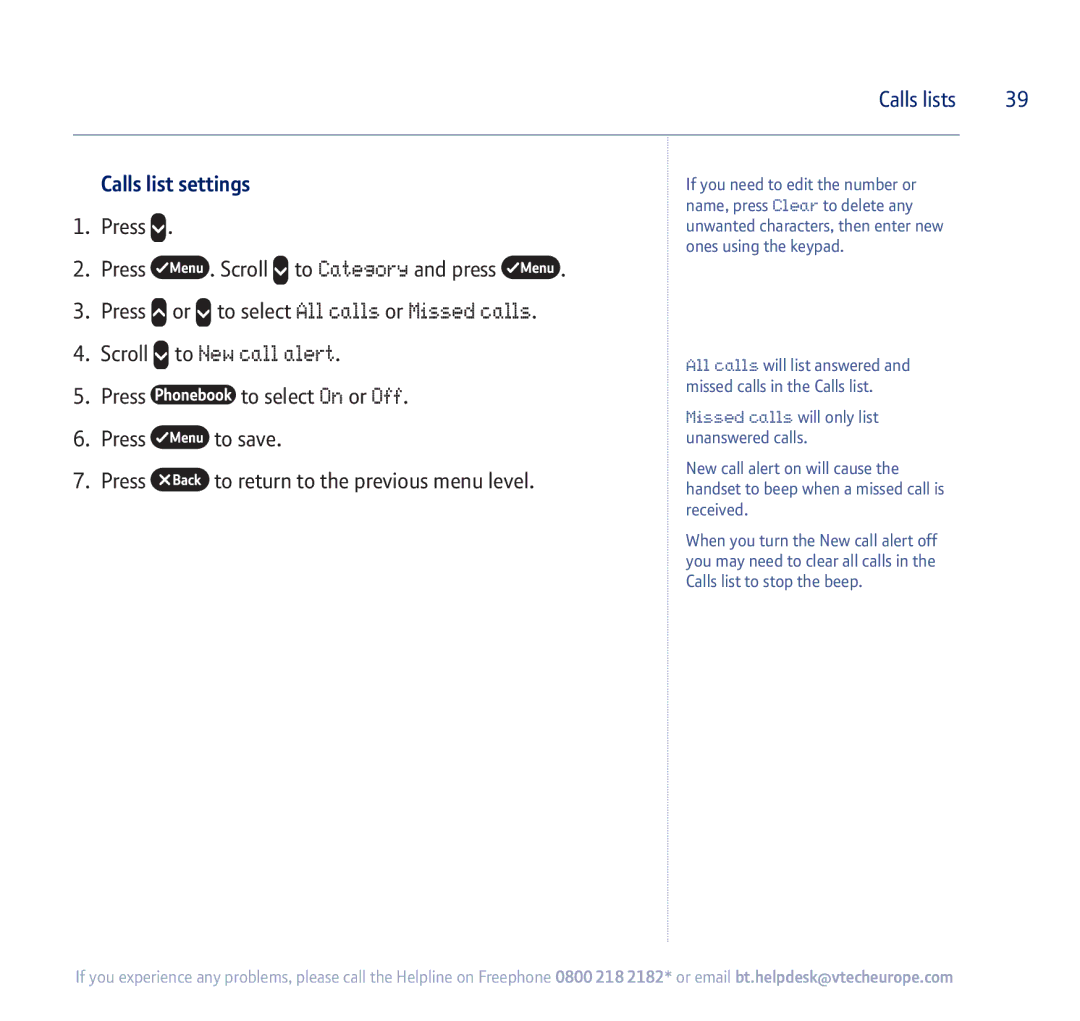 BT 710 manual Scroll to New call alert, Calls list settings 