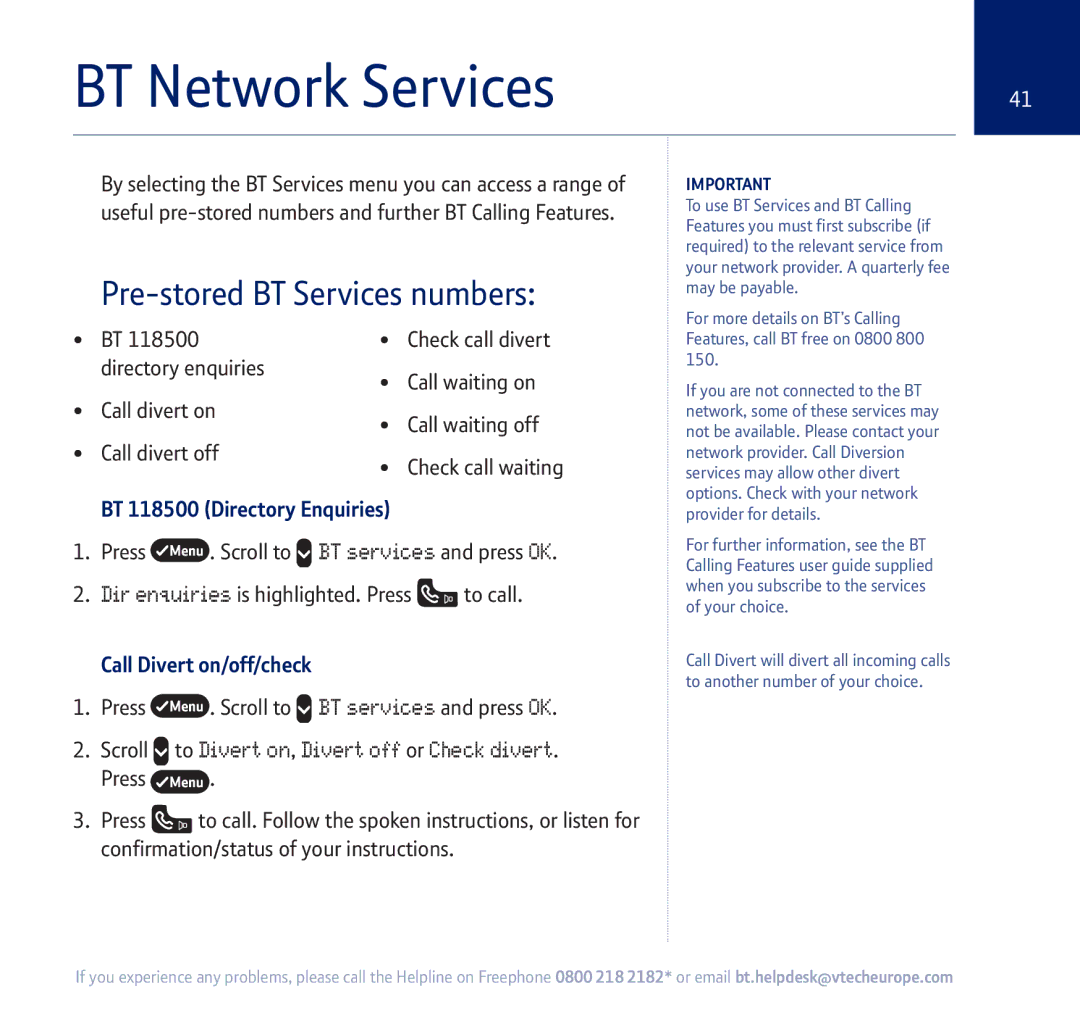 BT 710 manual BT Network Services, Pre-stored BT Services numbers, BT 118500 Directory Enquiries 