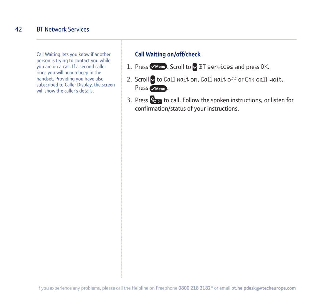 BT 710 manual BT Network Services, Call Waiting on/off/check 