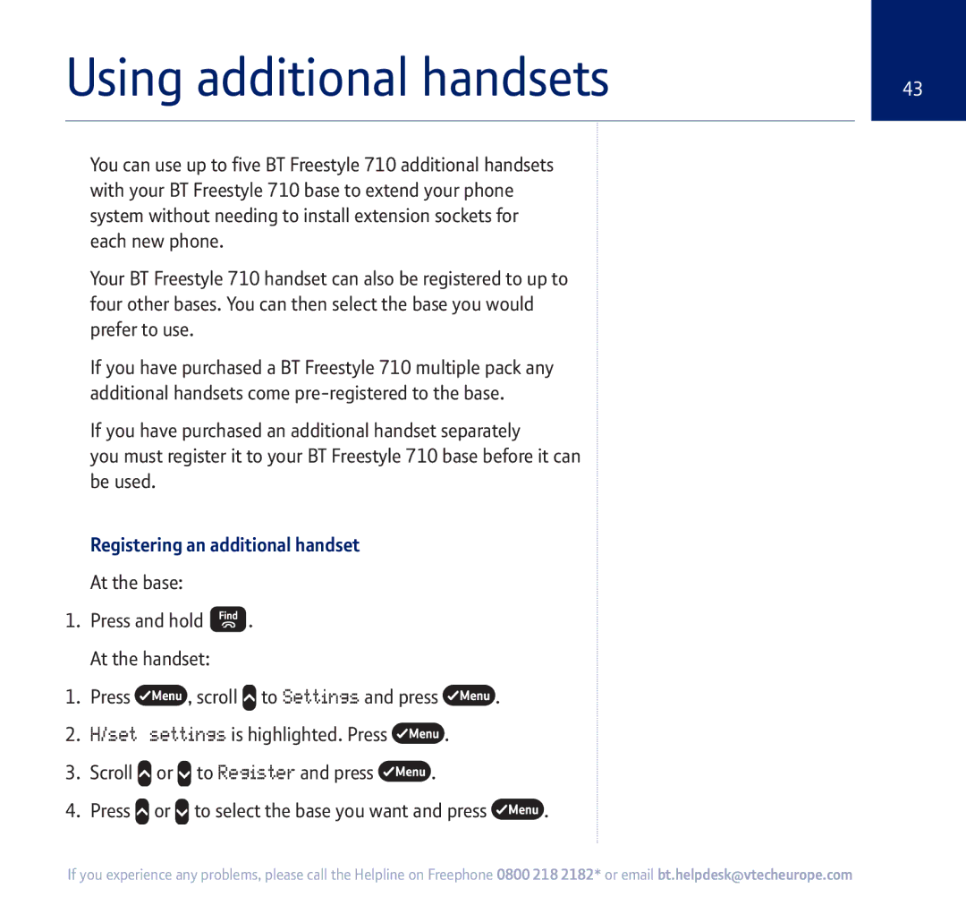 BT 710 manual Using additional handsets, Registering an additional handset 