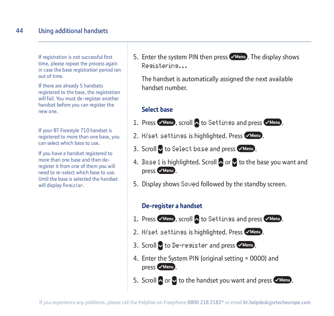 BT 710 manual Select base, De-register a handset 