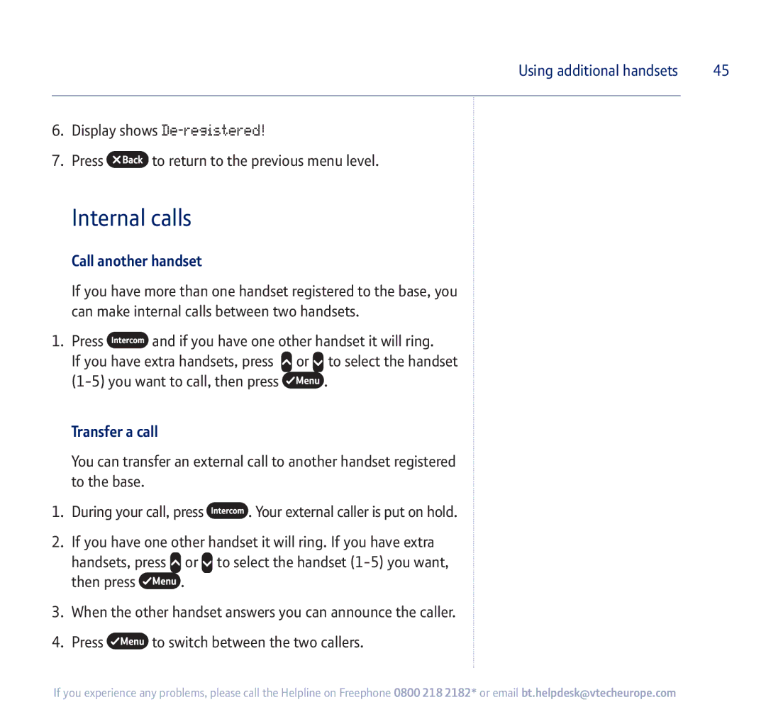 BT 710 manual Internal calls, Call another handset, Transfer a call 