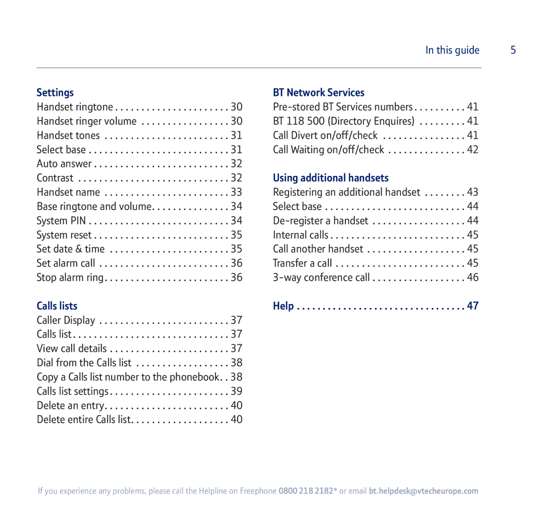 BT 710 manual Settings, Calls lists, BT Network Services, Using additional handsets, Help 