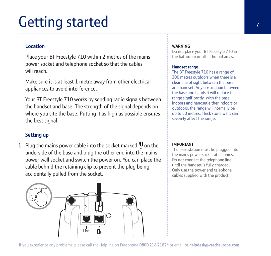 BT 710 manual Getting started, Location, Setting up, Handset range 