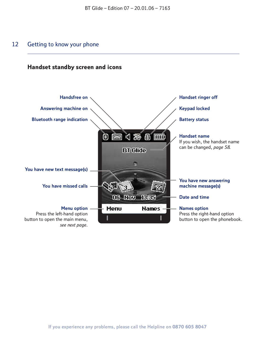 BT 7163 manual Handset standby screen and icons, Date and time Names option 