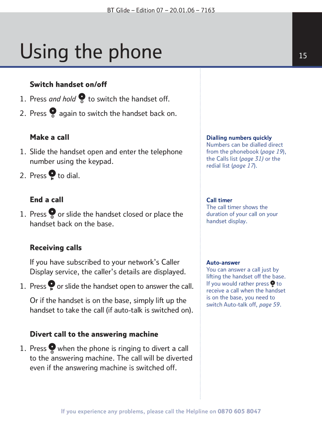 BT 7163 manual Divert call to the answering machine, Call timer, Auto-answer 