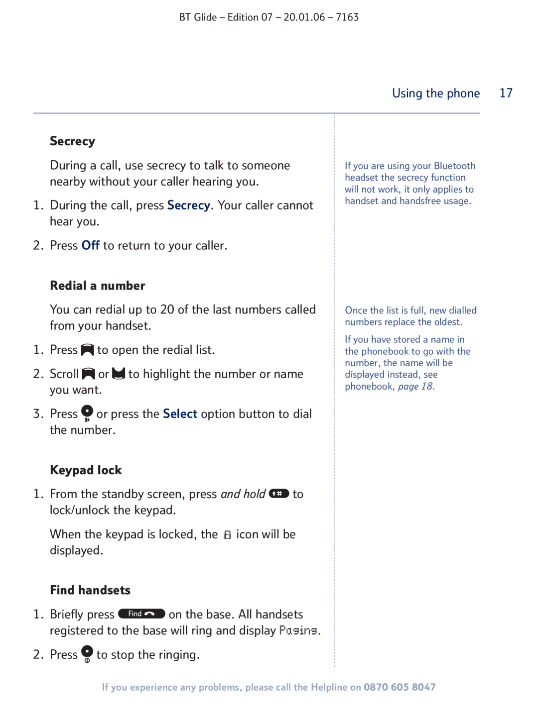 BT 7163 manual Secrecy, Press to stop the ringing 