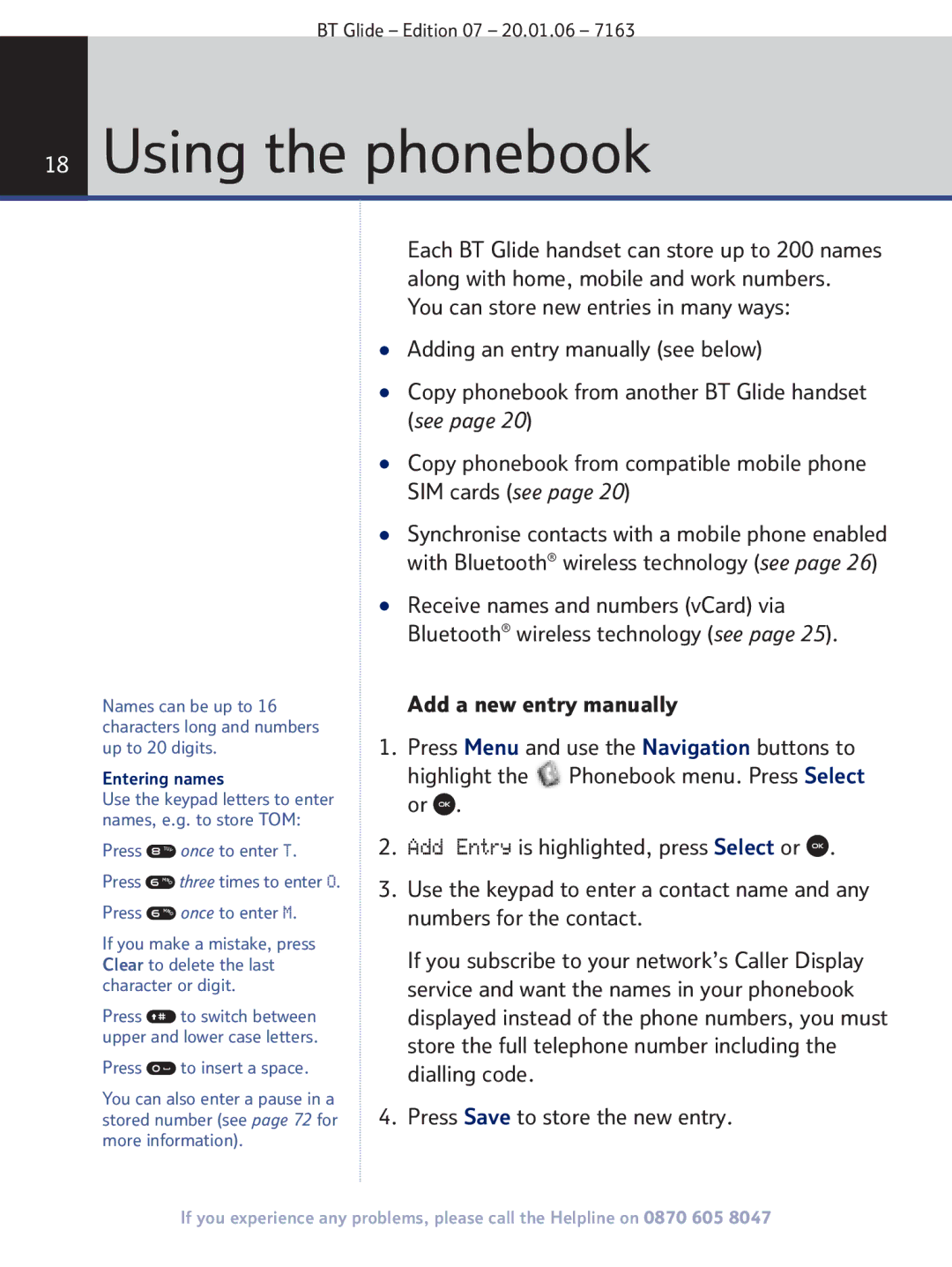 BT 7163 manual Using the phonebook, Entering names 