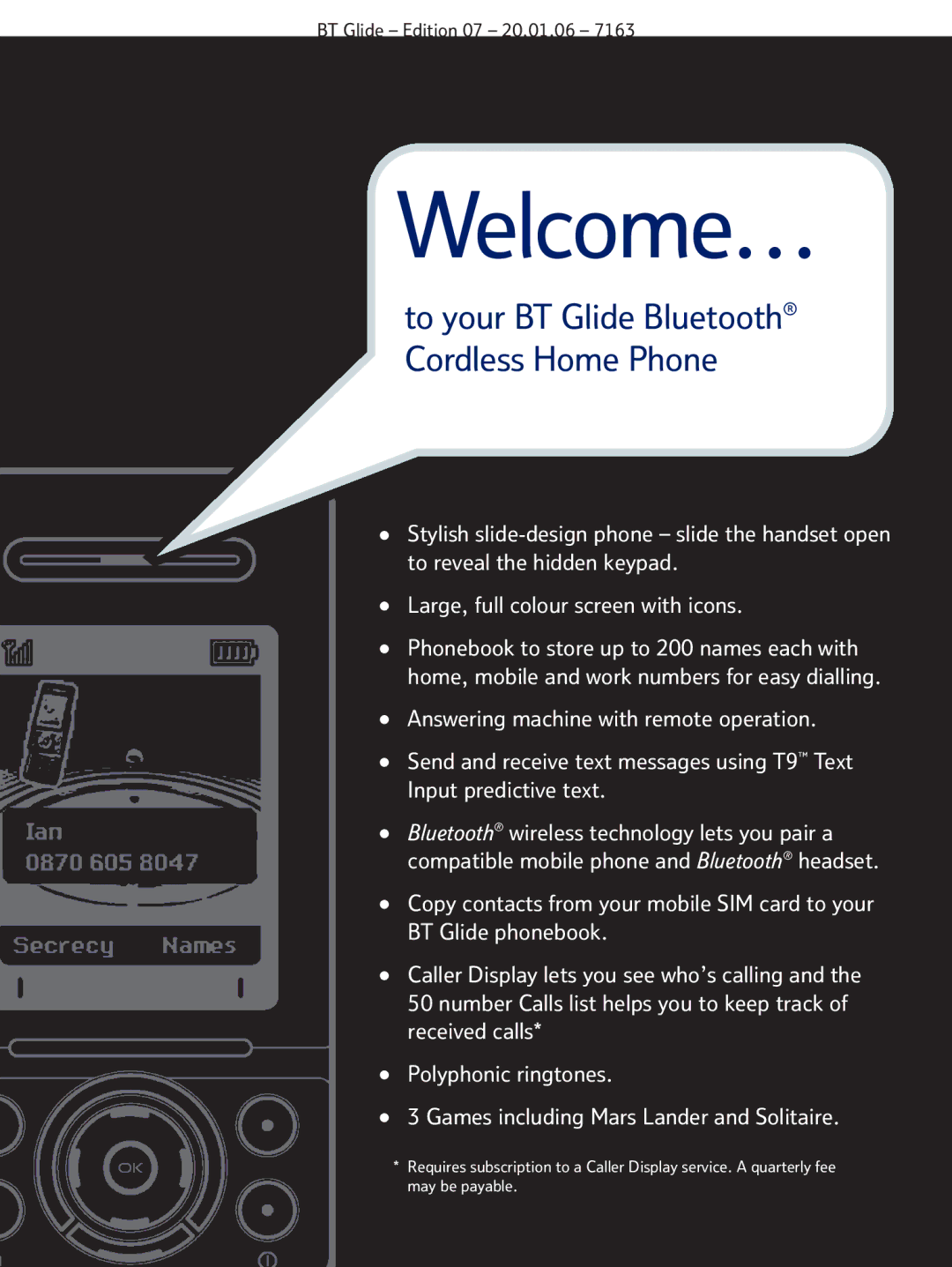 BT 7163 manual Welcome… 