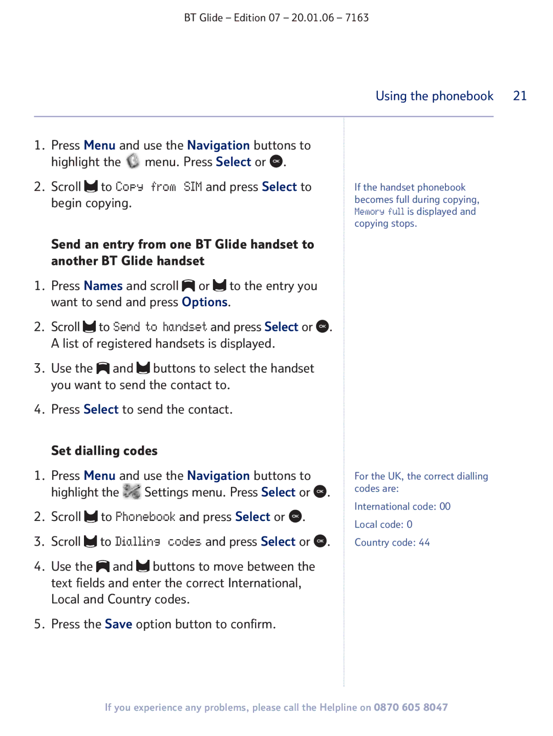 BT 7163 manual Scroll to Send to handset and press Select or 