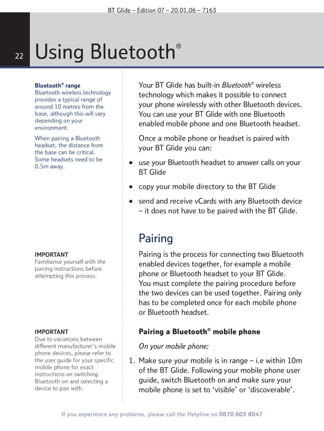 BT 7163 manual Using Bluetooth, Pairing a Bluetooth mobile phone, Bluetooth range 