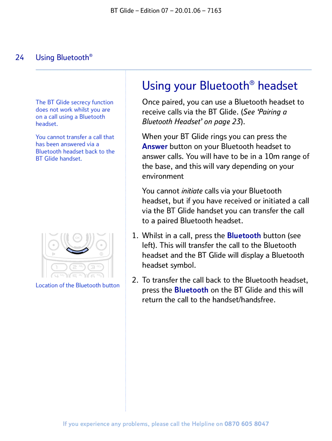 BT 7163 manual Using your Bluetooth headset 