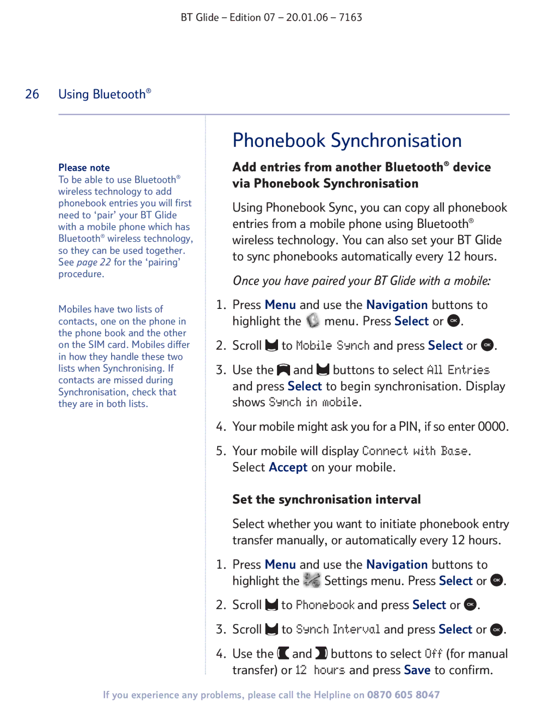 BT 7163 manual Phonebook Synchronisation, Please note 