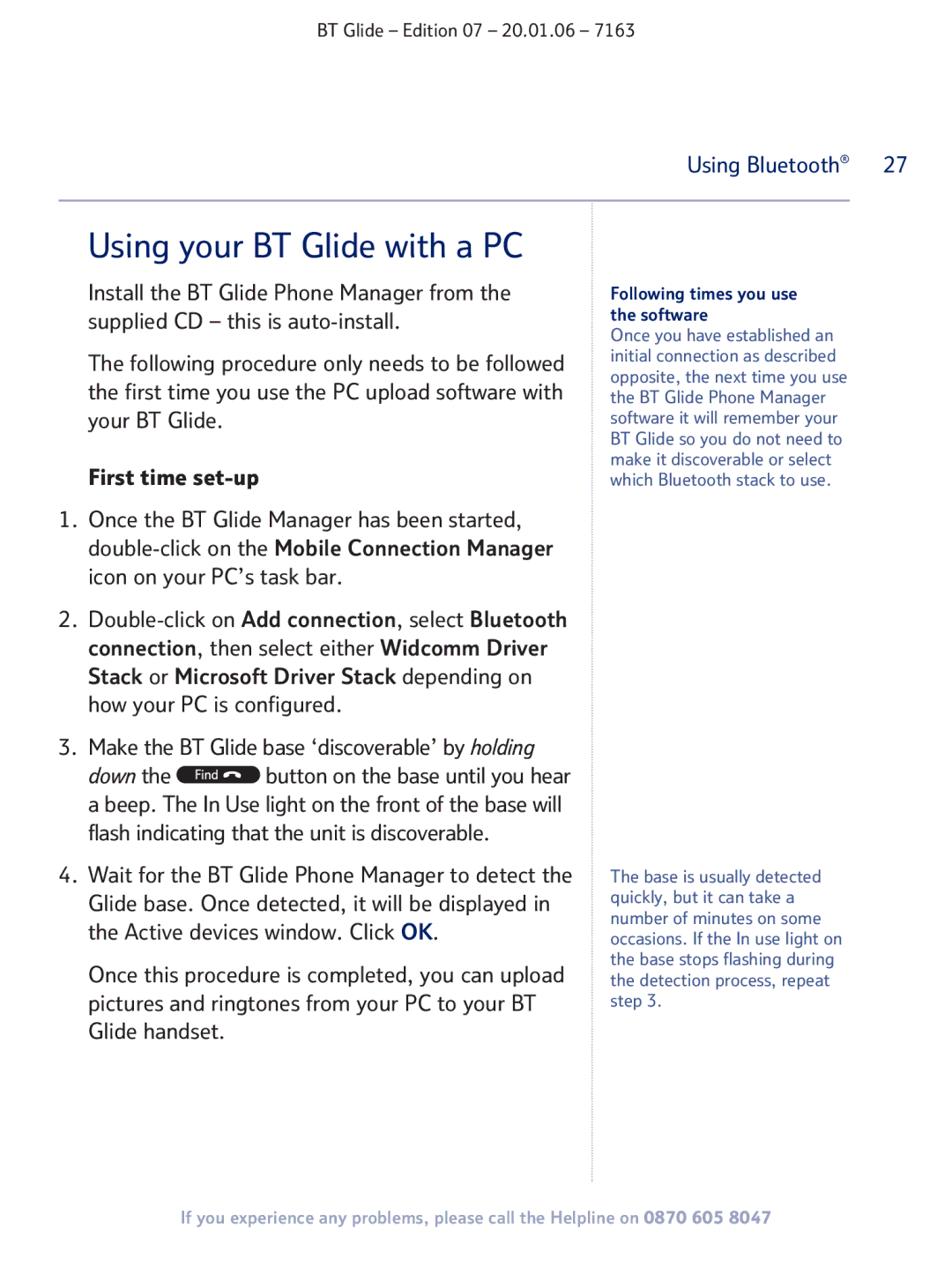 BT 7163 manual Using your BT Glide with a PC, Make the BT Glide base ‘discoverable’ by holding 