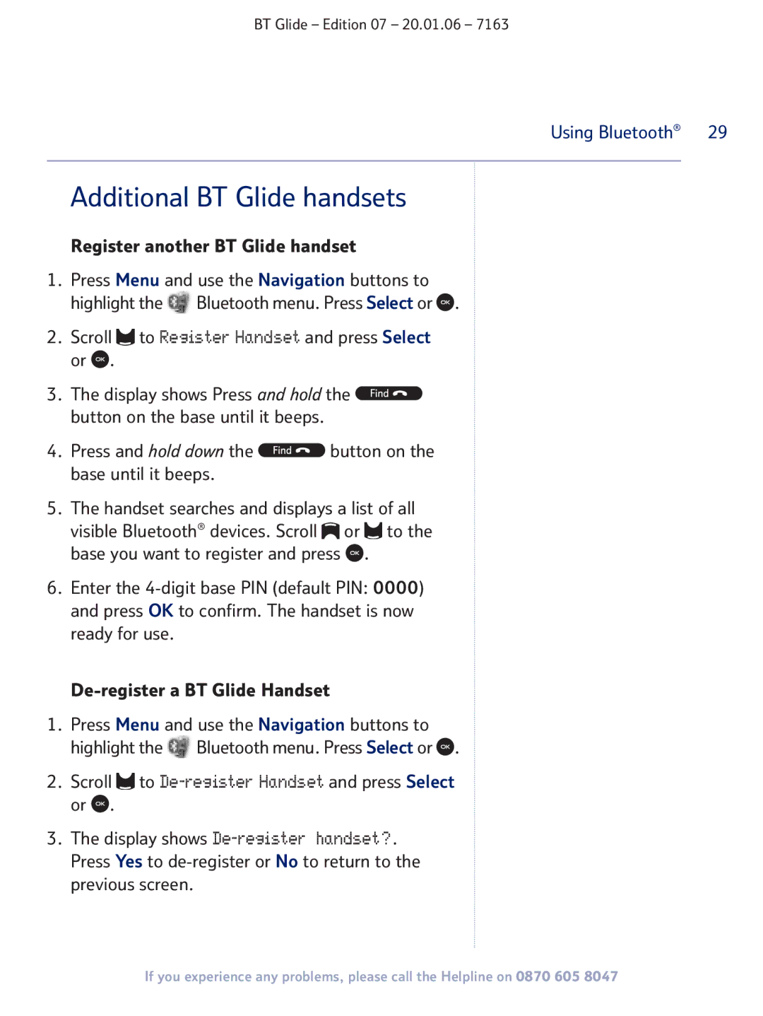 BT 7163 manual Additional BT Glide handsets, Display shows De-register handset?, Register another BT Glide handset 