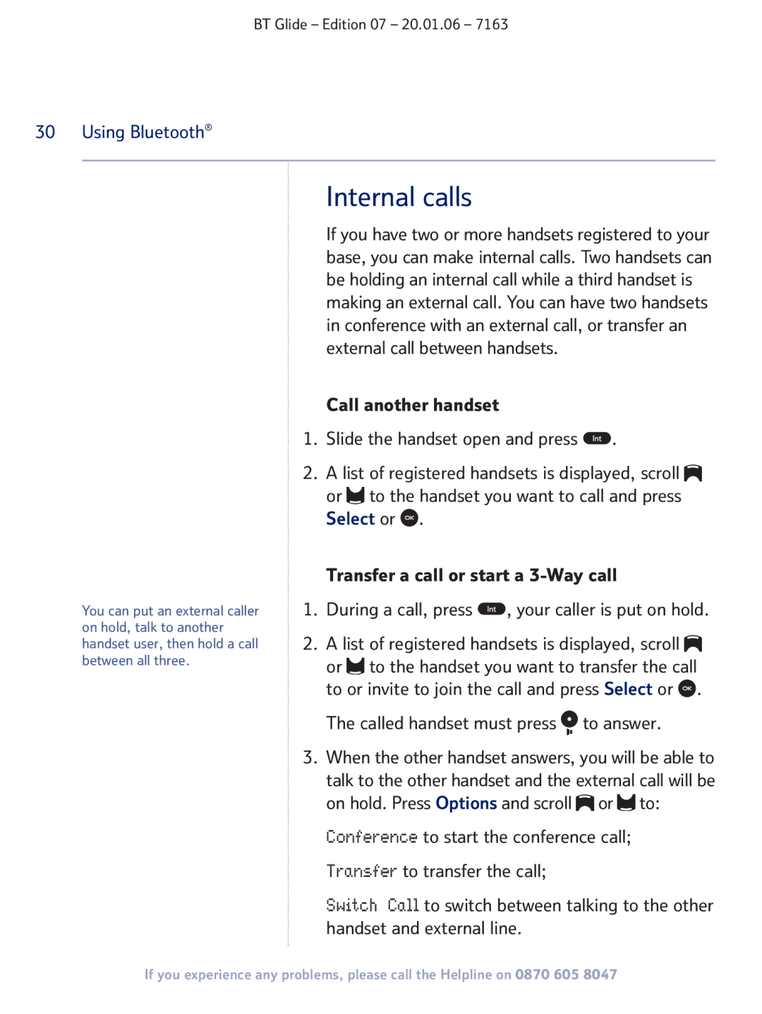 BT 7163 manual Internal calls 