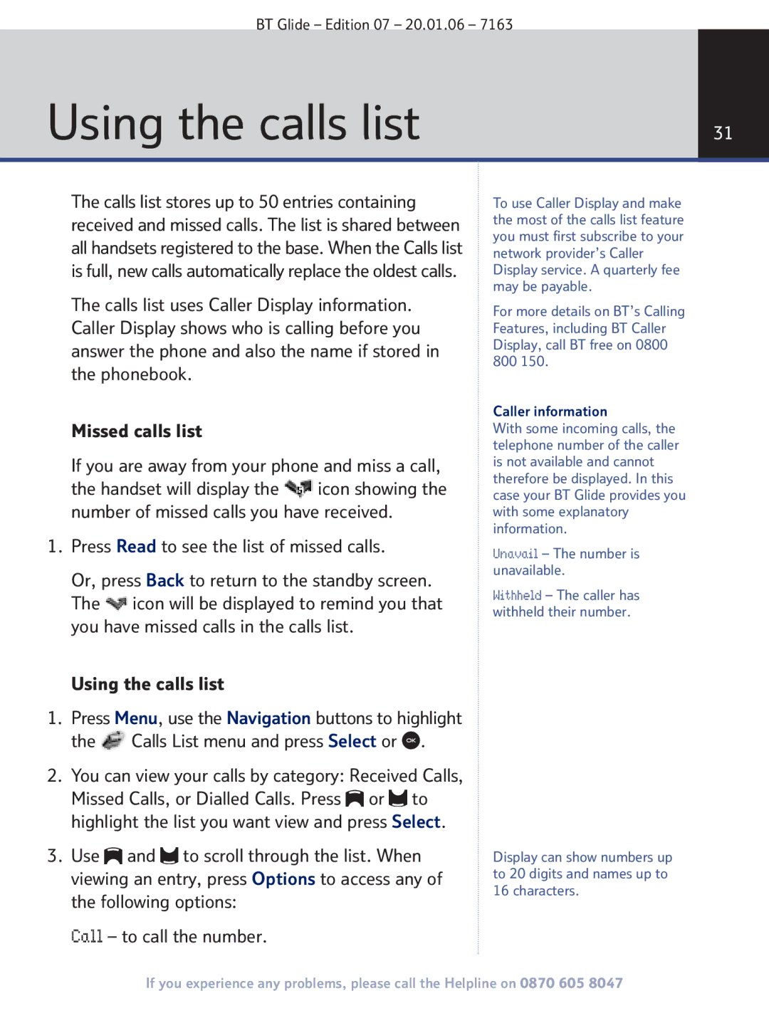 BT 7163 manual Press Read to see the list of missed calls, Using the calls list, Calls List menu and press Select or 