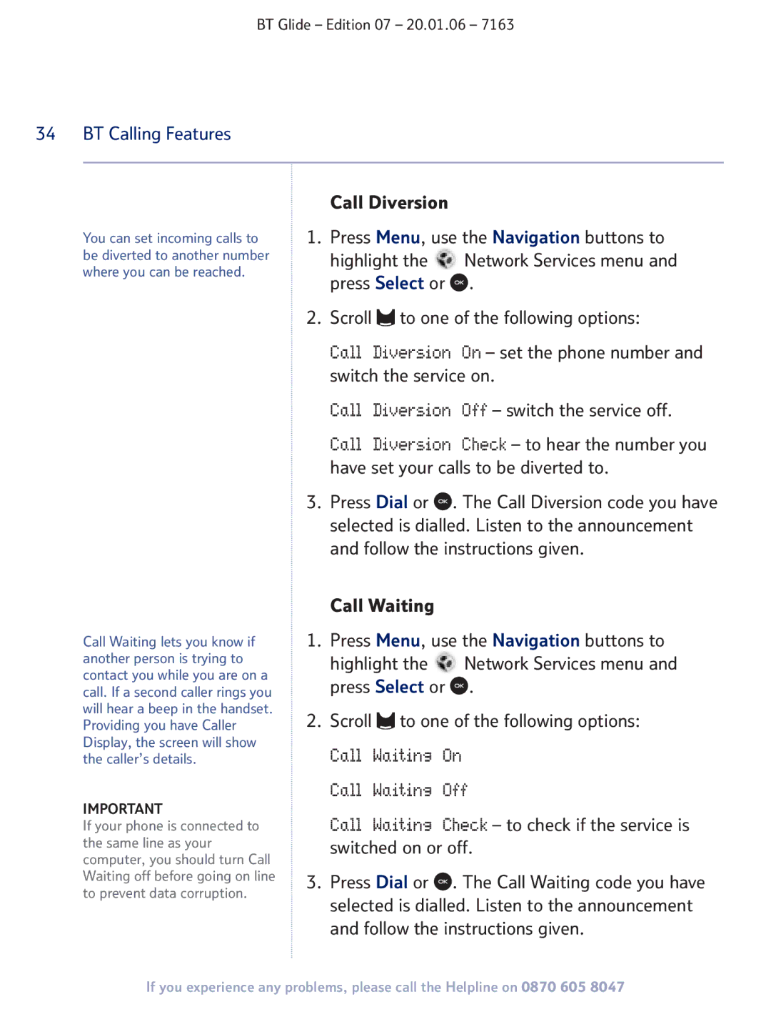 BT 7163 manual Call Waiting Off, BT Calling Features 