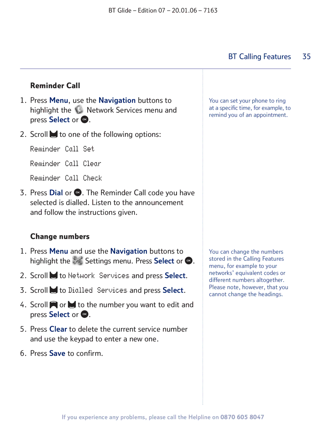 BT 7163 manual Change numbers, Press Save to confirm 