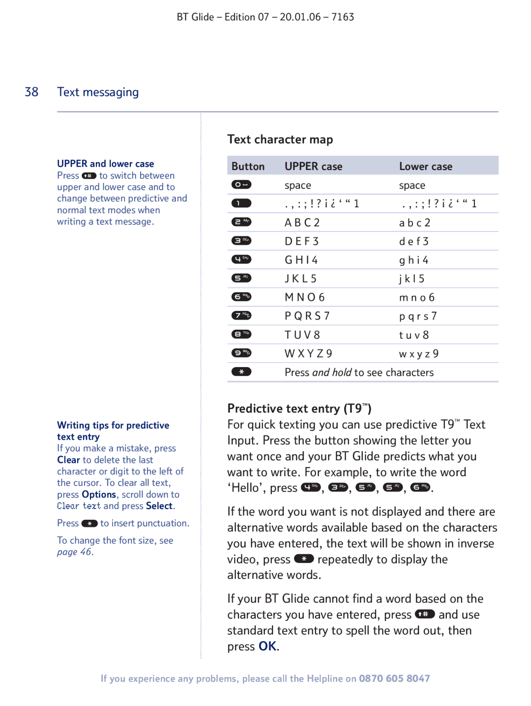 BT 7163 manual Text character map, Predictive text entry T9, Writing tips for predictive text entry 