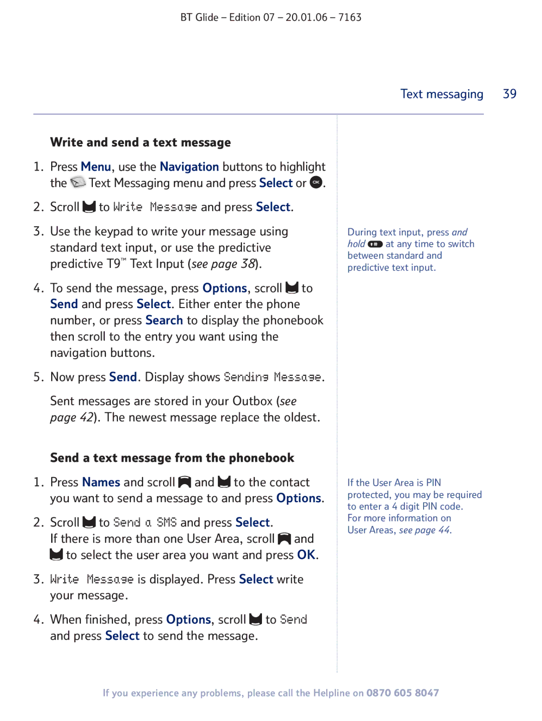 BT 7163 Write and send a text message, Scroll to Write Message and press Select, Send a text message from the phonebook 