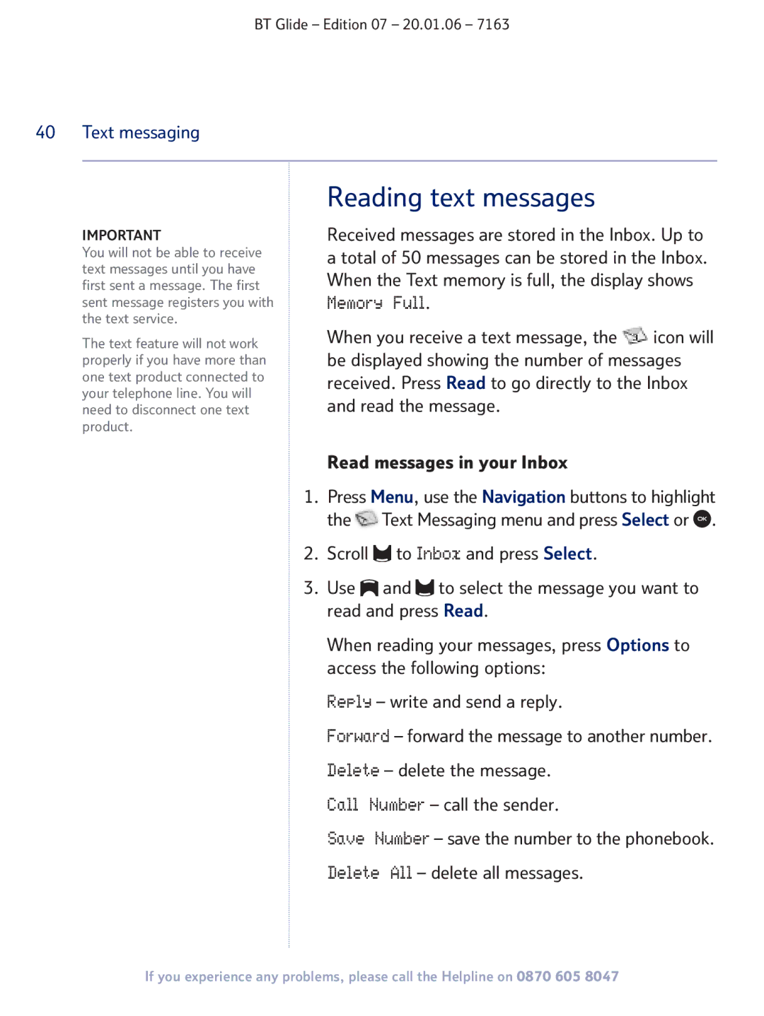 BT 7163 manual Reading text messages 