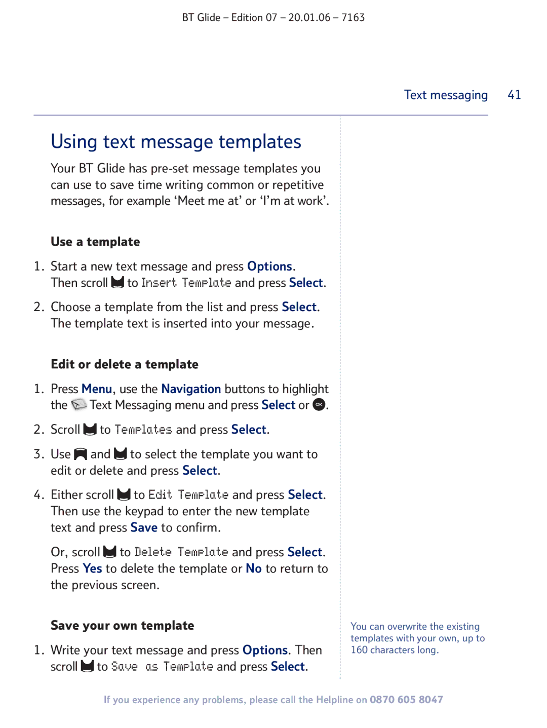 BT 7163 manual Using text message templates, Use a template 