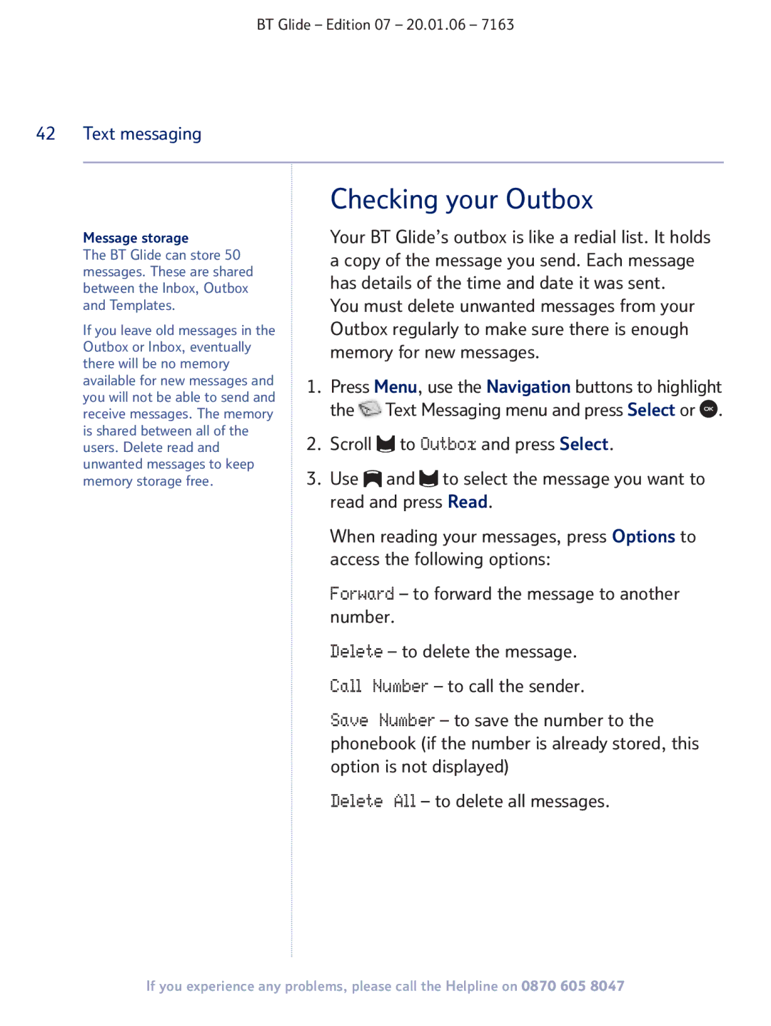 BT 7163 manual Checking your Outbox, Message storage 