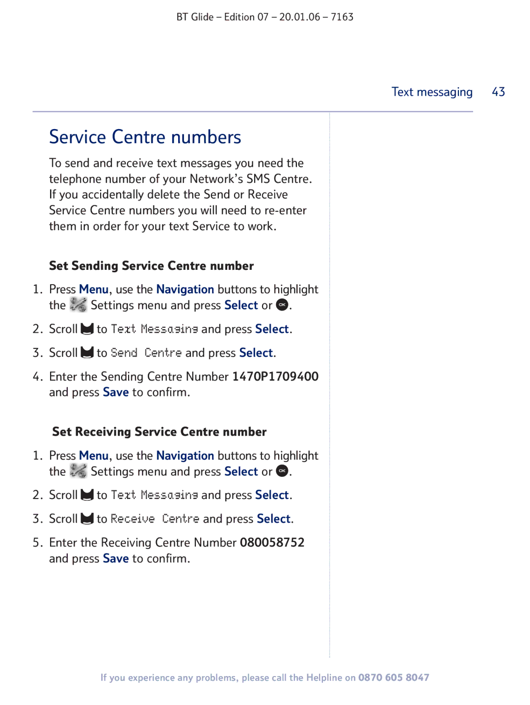 BT 7163 manual Service Centre numbers 