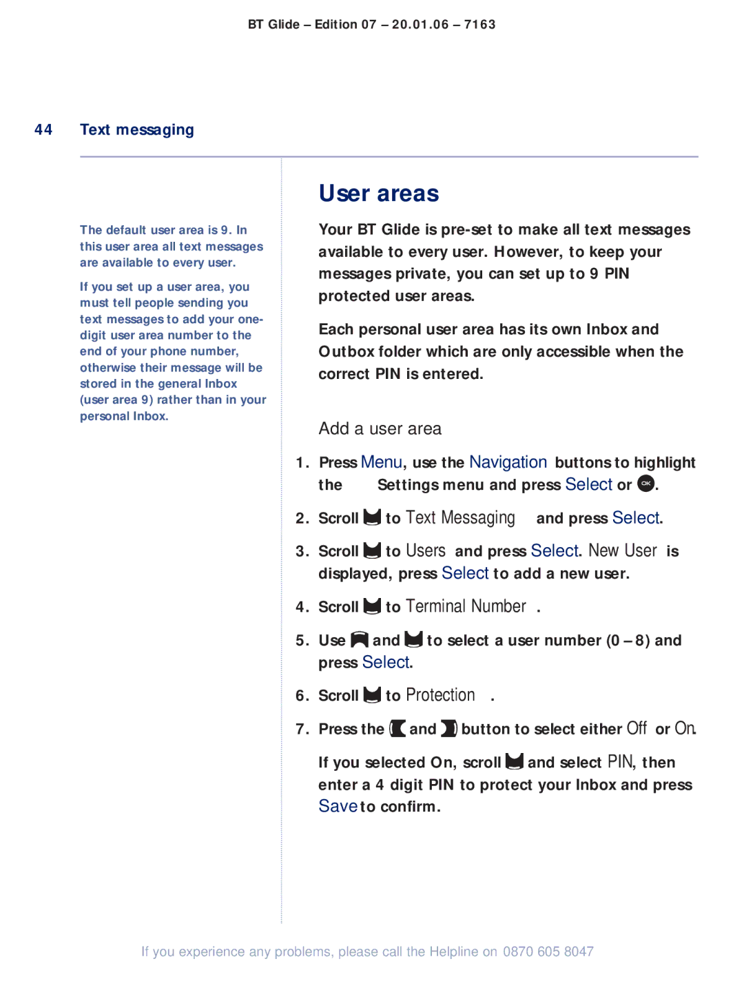 BT 7163 manual User areas, Scroll to Terminal Number 