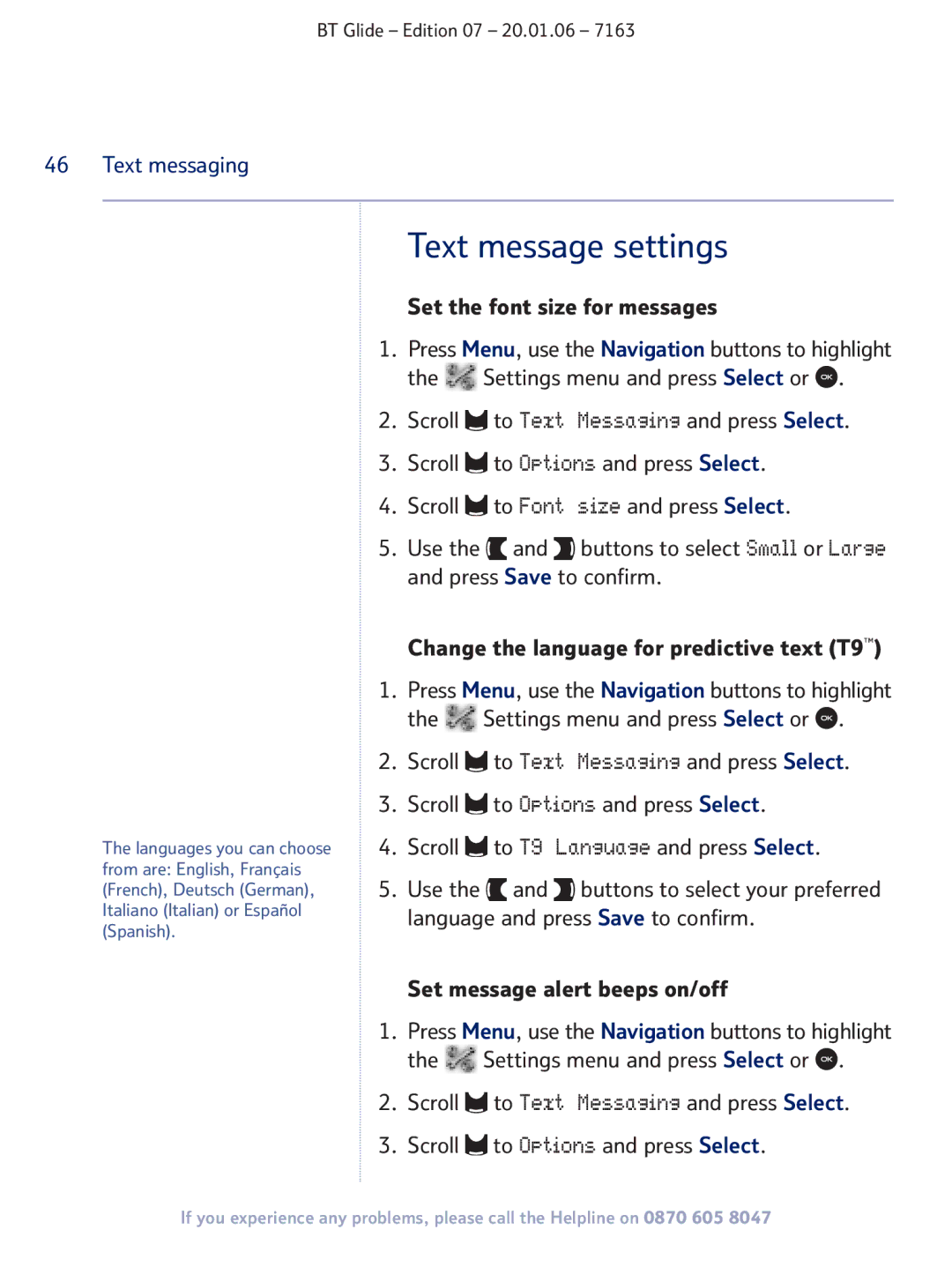 BT 7163 manual Text message settings, Set the font size for messages, Set message alert beeps on/off 