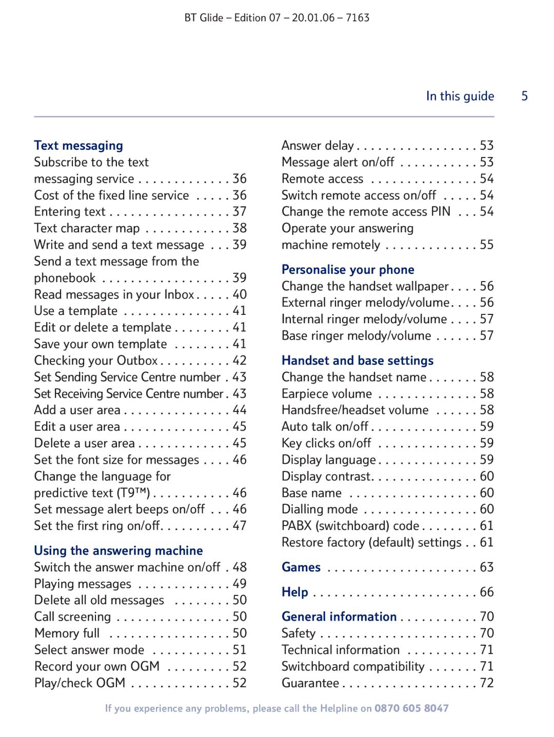 BT 7163 manual This guide Text messaging, Personalise your phone, Handset and base settings, Using the answering machine 