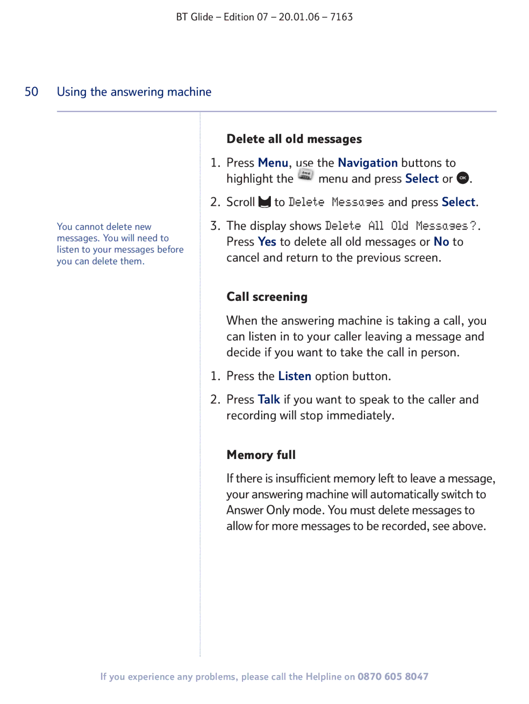 BT 7163 manual Display shows Delete All Old Messages?, Delete all old messages 