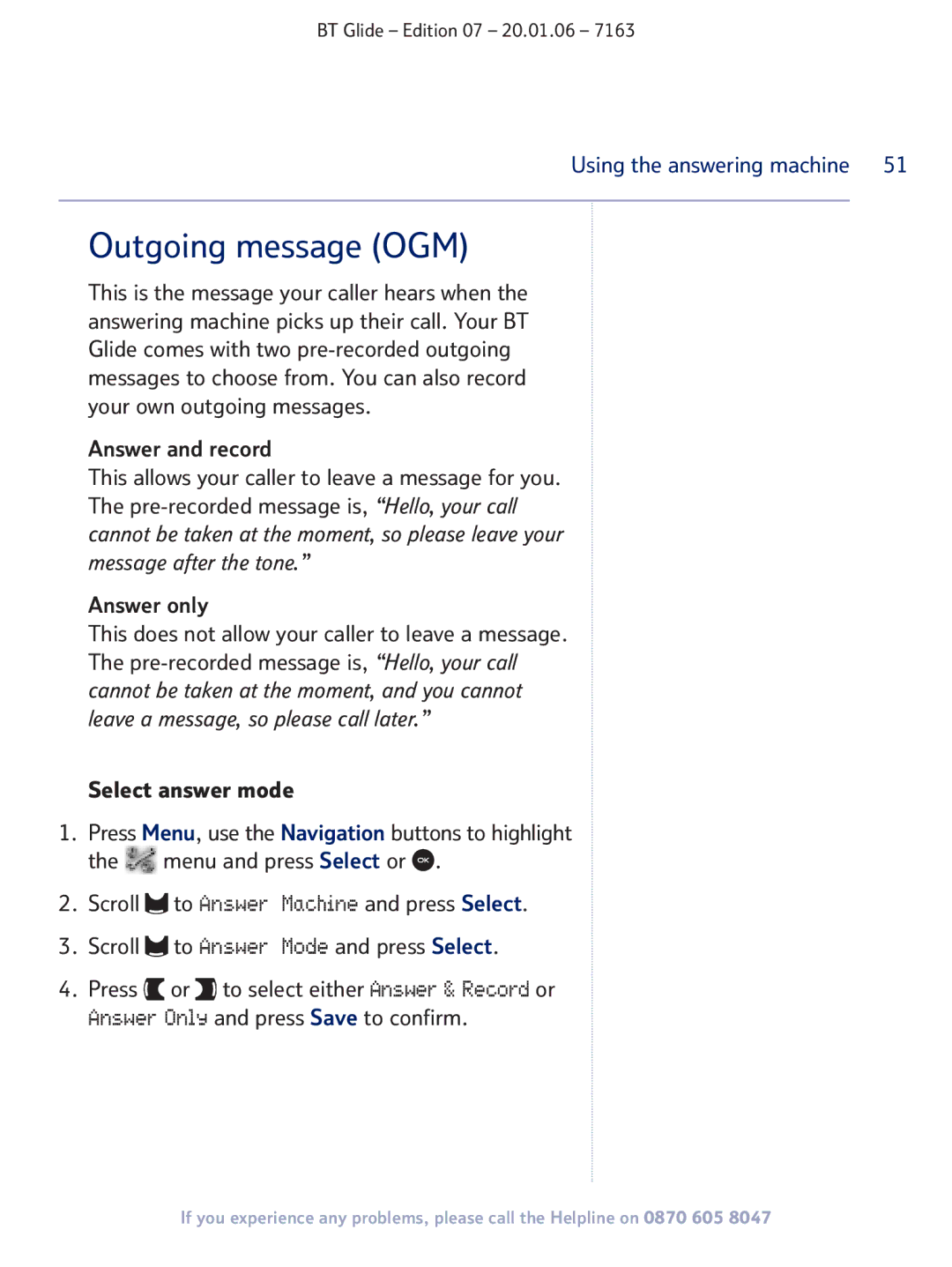 BT 7163 manual Outgoing message OGM 