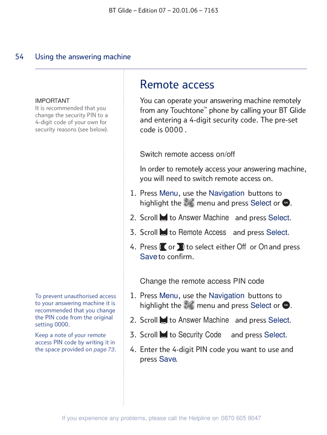 BT 7163 manual Remote access 