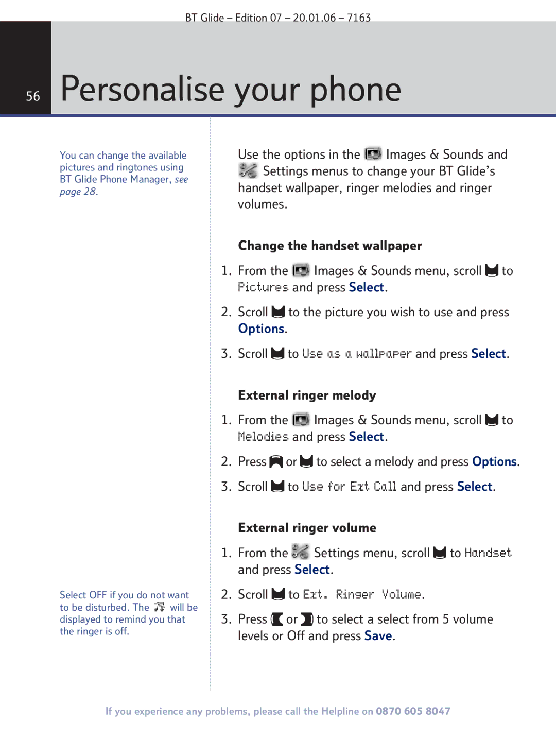 BT 7163 manual Personalise your phone, Scroll to Ext. Ringer Volume 