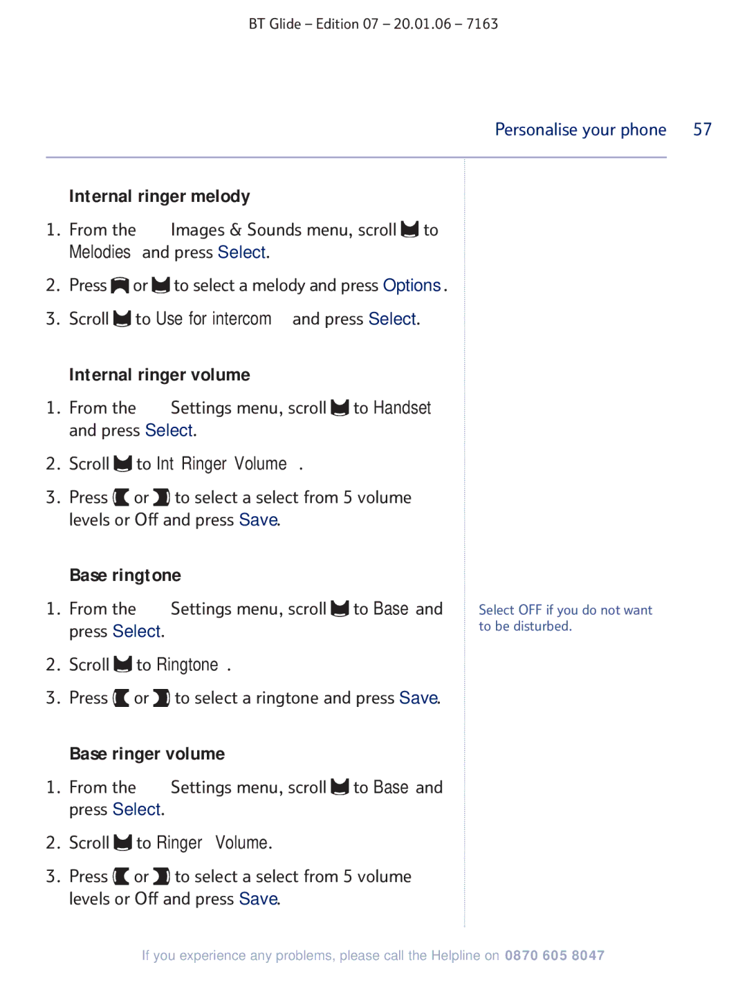 BT 7163 manual Scroll to Int Ringer Volume, Scroll to Ringer Volume 