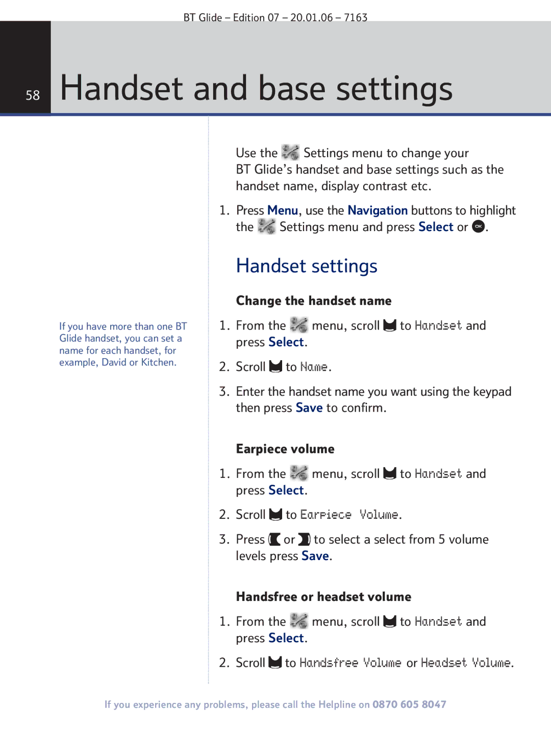 BT 7163 manual Handset and base settings, Handset settings, Scroll to Earpiece Volume 