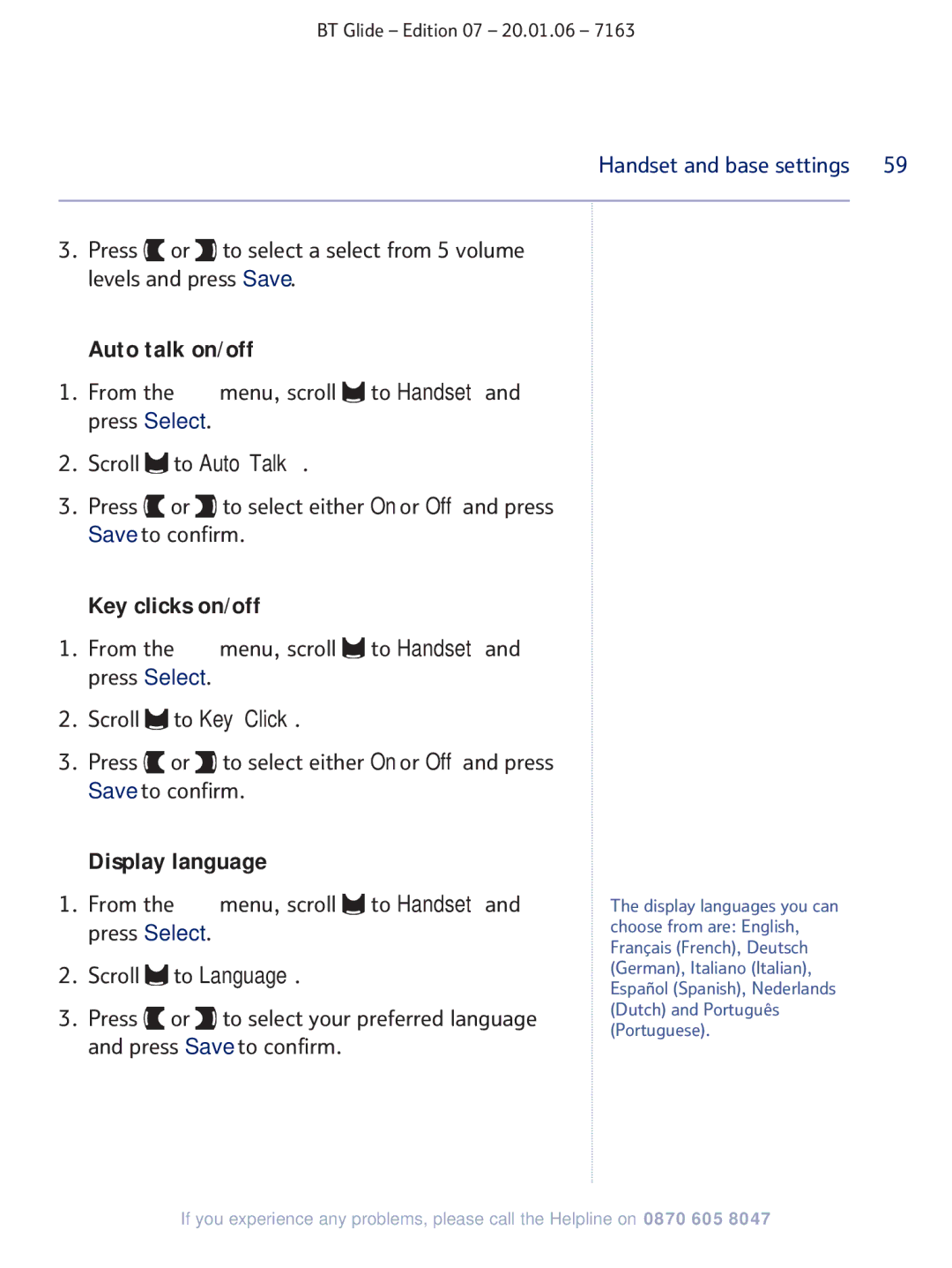 BT 7163 manual To Language, Press To select your preferred language 