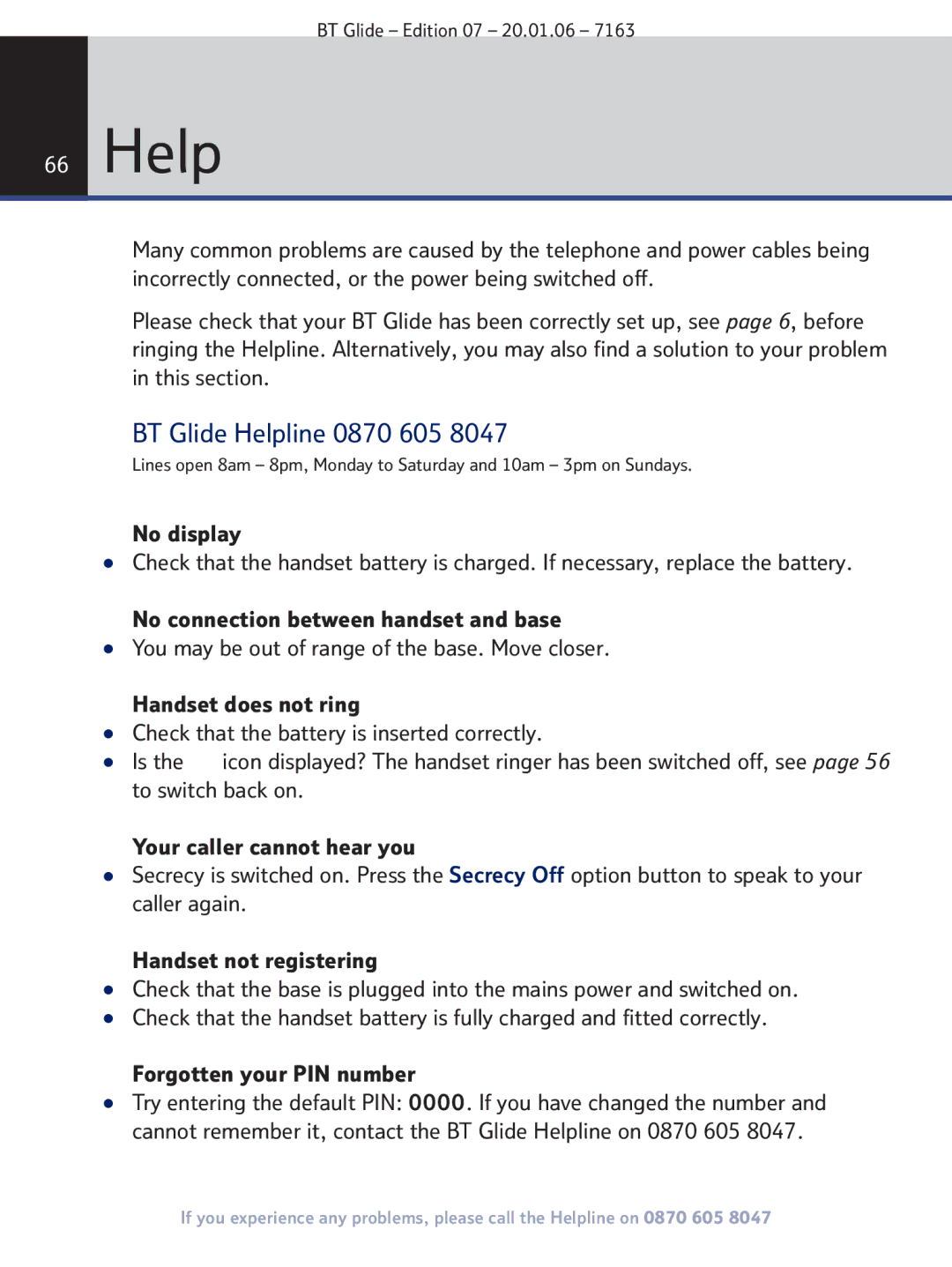 BT 7163 manual BT Glide Helpline 0870 605 
