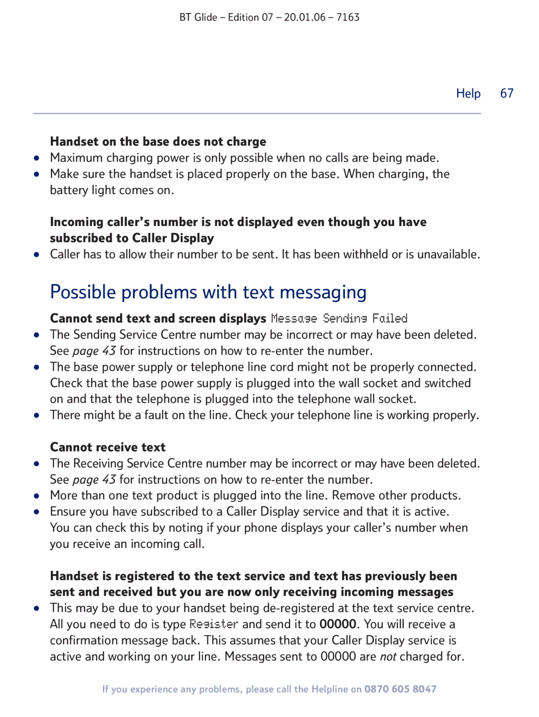 BT 7163 manual Possible problems with text messaging, Help, Cannot send text and screen displays Message Sending Failed 