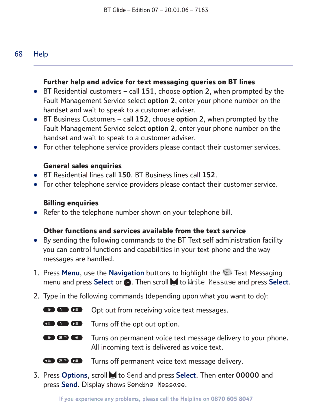 BT 7163 manual Turns on permanent voice text message delivery to your phone 