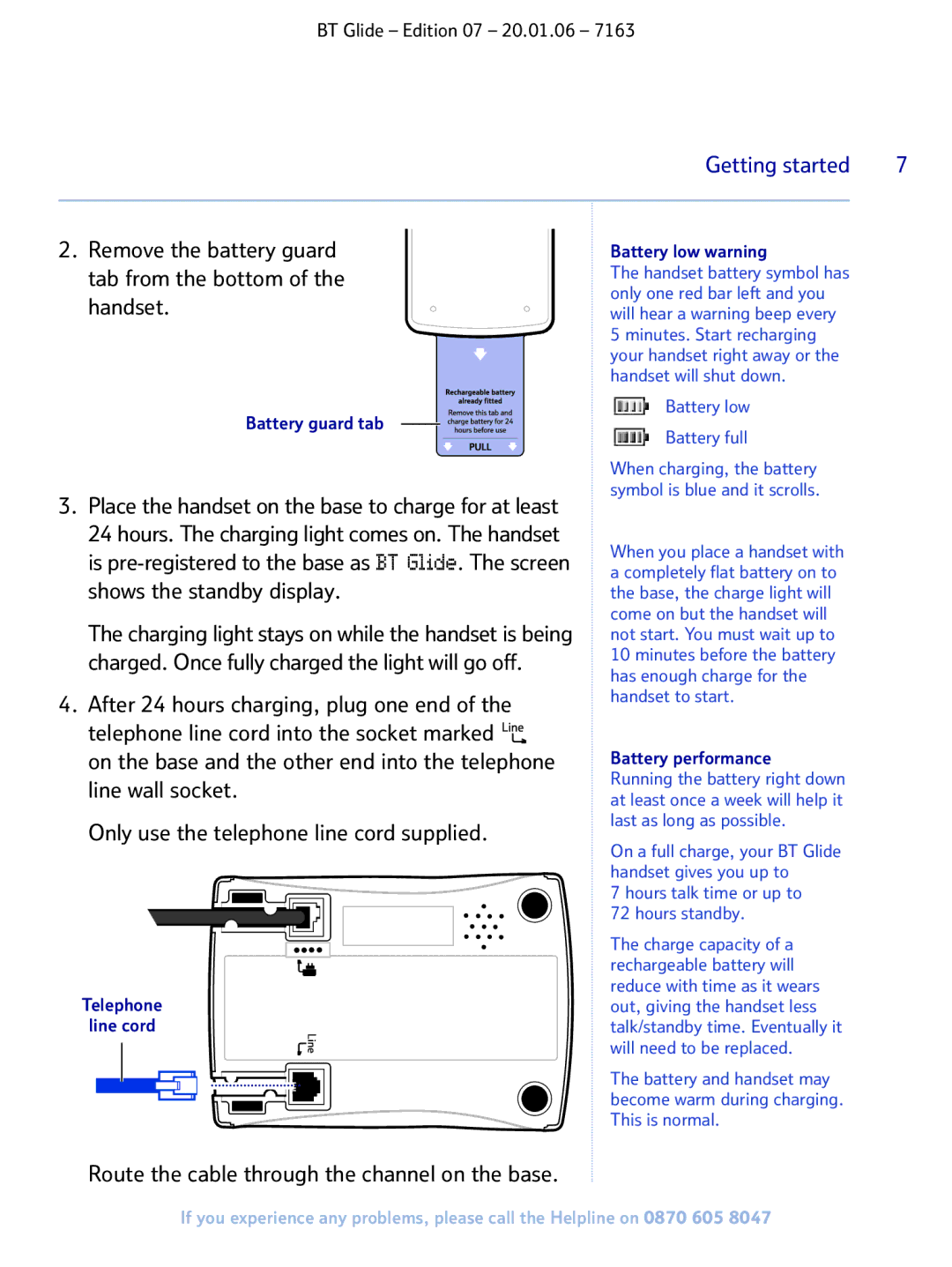 BT 7163 manual Battery low warning, Battery guard tab, Battery performance, Telephone, Line cord 